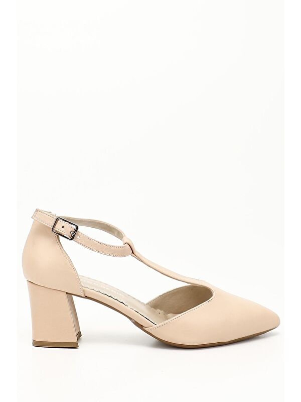 Gonderi(r) Bej Gonderi(r) Hakiki Deri Sivri Burun Bilek Bağlı Orta Kalın Topuklu Kadın Ayakkabı 24182