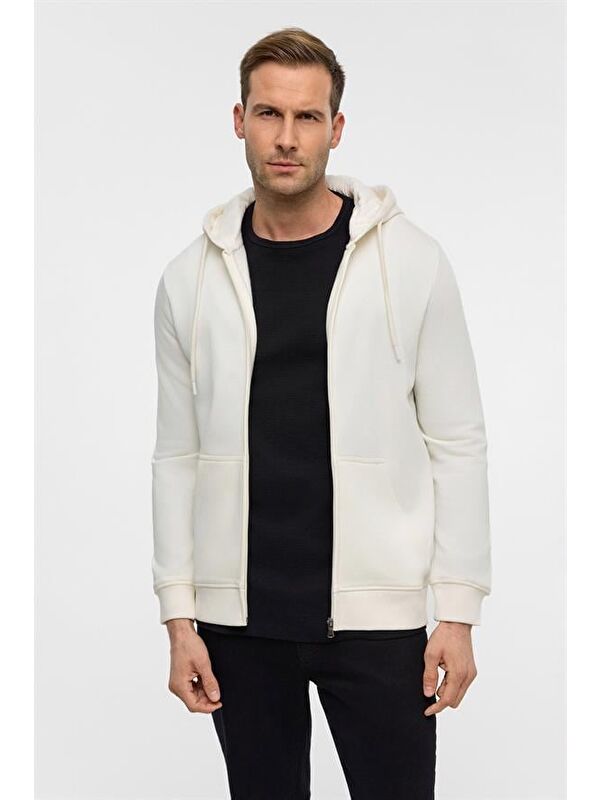 Süvari Beyaz Regular Düz Bisiklet Yaka Sweatshirt