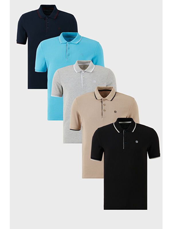 Buratti Pamuklu Slim Fit Şerit Detaylı Düğmeli Polo Yaka 5'li Paket %100 Pamuk Tişört 5902118S5