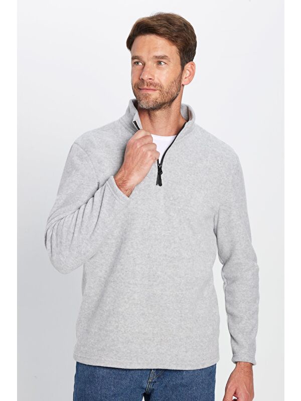 TUDORS Unisex Standart Fit Anti-Pilling Tüylenme Yapmayan Soğuk Geçirmez Gri Dik Bato Yaka Polar Sweatshirt