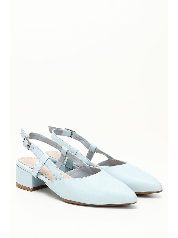 BEBEK MAVİSİ Hakiki Deri Sivri Burun Kısa Kalın Topuklu Arkası Açık Kadın Yazlık Ayakkabı 24257 - Görsel 3