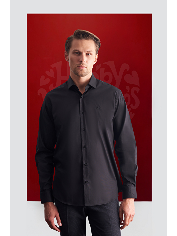 İMZA Siyah Yarım İtalyan Yaka Uzun Kol Premium Slim Fit Pamuklu Gömlek 1004255198