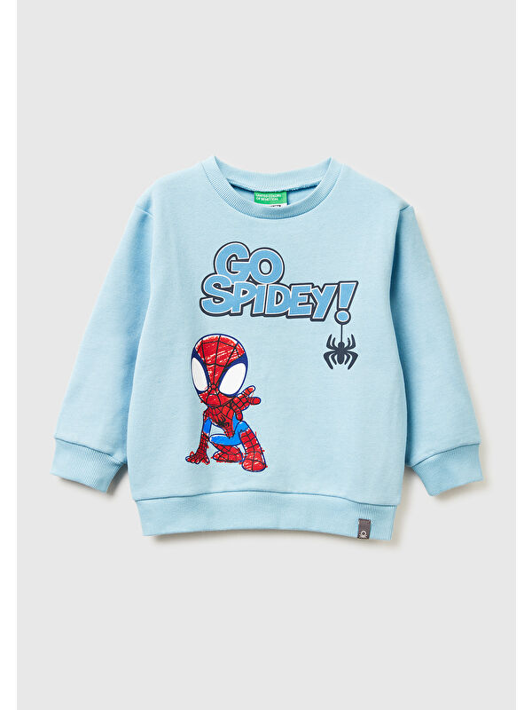 United Colors Of Benetton Erkek Çocuk Açık Mavi Spiderman Baskılı Logo Etiketli Kabartmalı  Nervürlü Sweatshirt