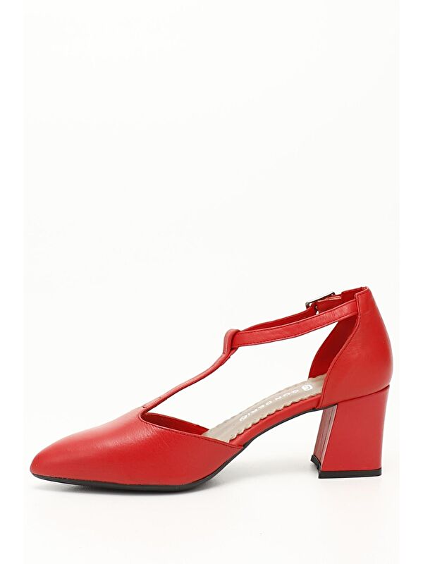 MAT KIRMIZI Hakiki Deri Sivri Burun Bilek Bağlı Orta Kalın Topuklu Kadın Ayakkabı 24182 - Görsel 5