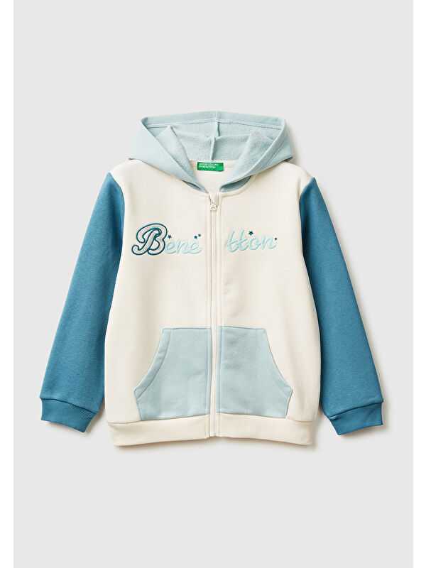 United Colors Of Benetton Kız Çocuk Ekru-Mavi Renk Bloklu Payet Nakışlı Fermuarlı Kapüşonlu Sweatshirt