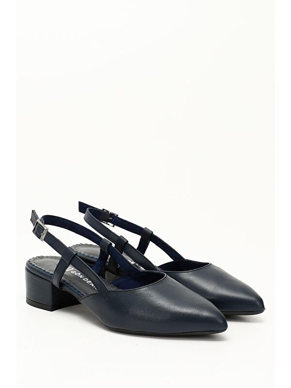AÇIK LACİVERT Hakiki Deri Sivri Burun Kısa Kalın Topuklu Arkası Açık Kadın Yazlık Ayakkabı 24257 - Görsel 3