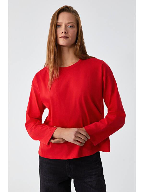 GRIMELANGE BASIL Kadını Oversize %100 Organik Pamuk Örme Uzun Kol KIRMIZI T-Shirt