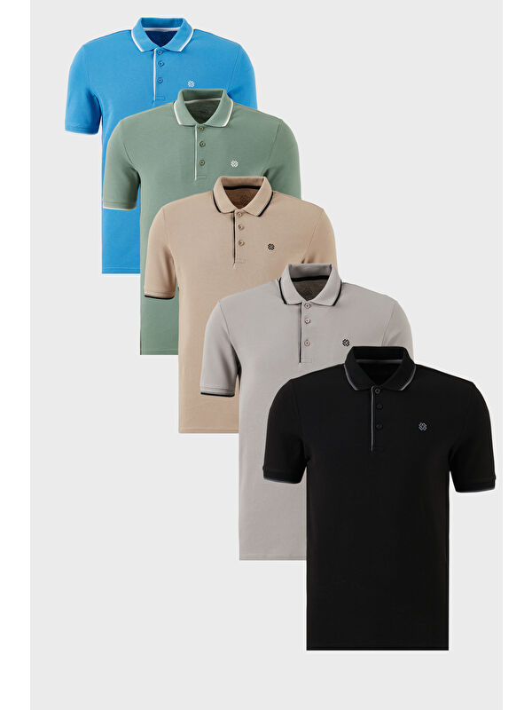 Buratti Pamuklu Slim Fit Şerit Detaylı Düğmeli Polo Yaka 5'li Paket %100 Pamuk Tişört 5902118S5