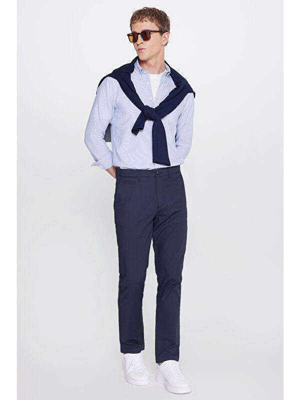 Altınyıldız Classics Erkek Lacivert Pamuklu Slim Fit Dar Kesim Yan Cepli Armürlü Esnek Casual Pantolon