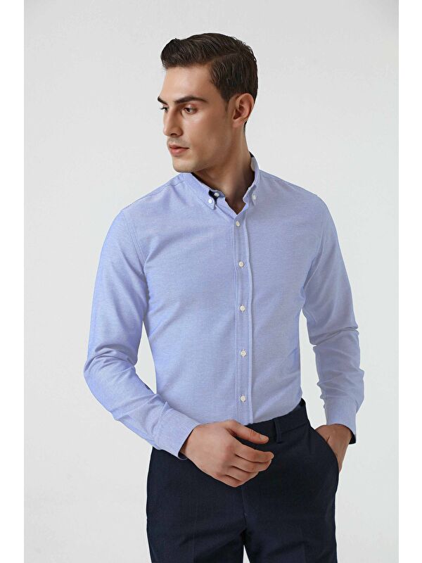 D'S damat Slim Fit Mavi Armürlü Düğmeli Yaka Pamuklu Gömlek