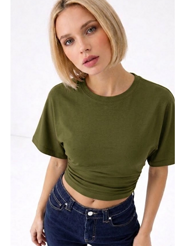COMBINE Kadın Fashion Slim Fit Haki Crop Tişört