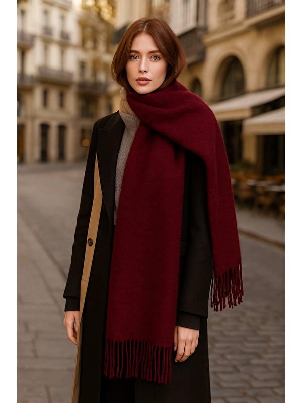 Luminos Butik Kadın Basic Bordo Püsküllü Buklet Atkı - Şal 45x200 Cm Sal1285