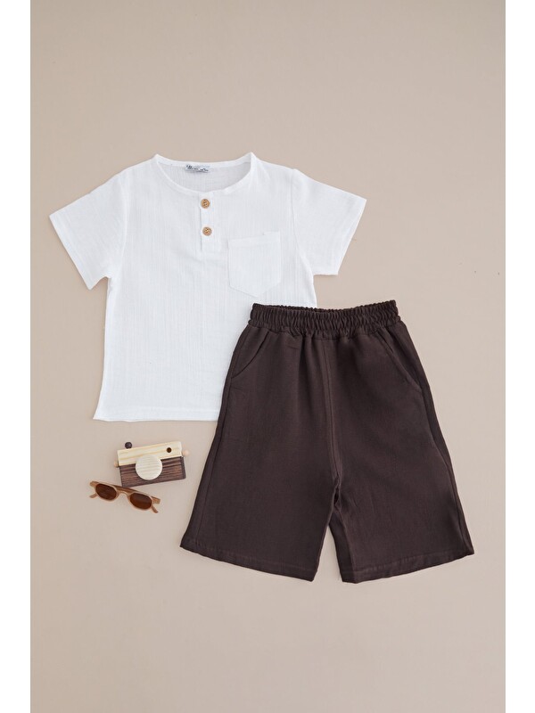 Fullamoda Yarım Düğmeli Müslin Kumaş Erkek Çocuk 2 Li Takım
