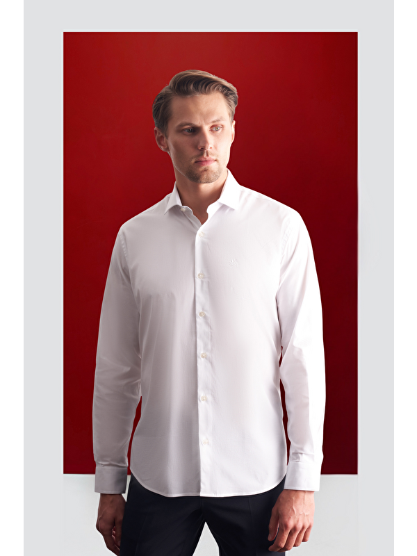 İMZA Beyaz Yarım İtalyan Yaka Uzun Kol Premium Slim Fit Pamuklu Gömlek 1004255198