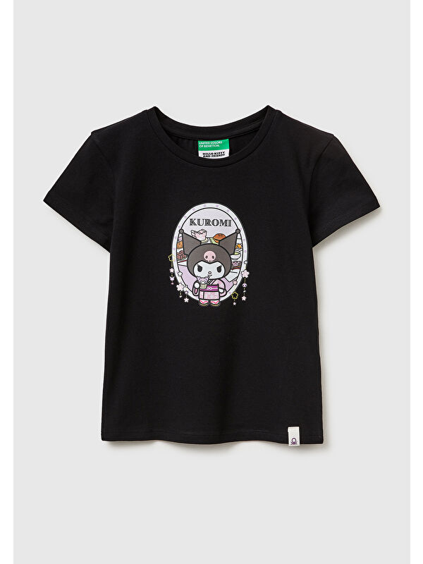 United Colors Of Benetton Kız Çocuk Siyah Önü Baskılı Etek Ucu Logolu Bisiklet Yaka T-Shirt