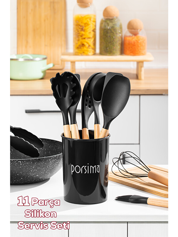 Porsima 3165 Metal Standlı Ahşap Silikon 11 Parça Servis Takımı Seti Siyah