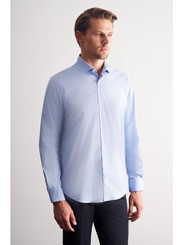 İMZA Mavi Yarım İtalyan Yaka Uzun Kol Slim Fit Pamuklu Gömlek 1004255189