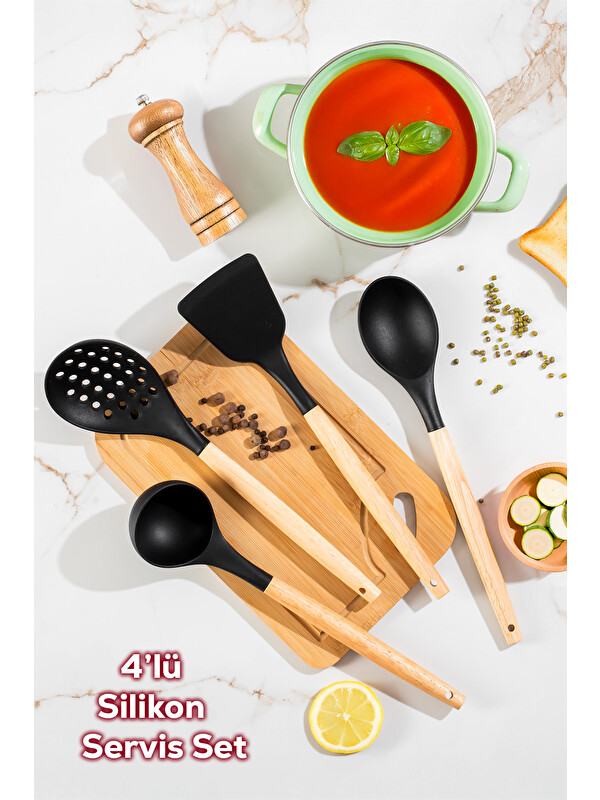 Porsima 3168 Ahşap Silikon 4 Parça Servis Takımı Seti Siyah