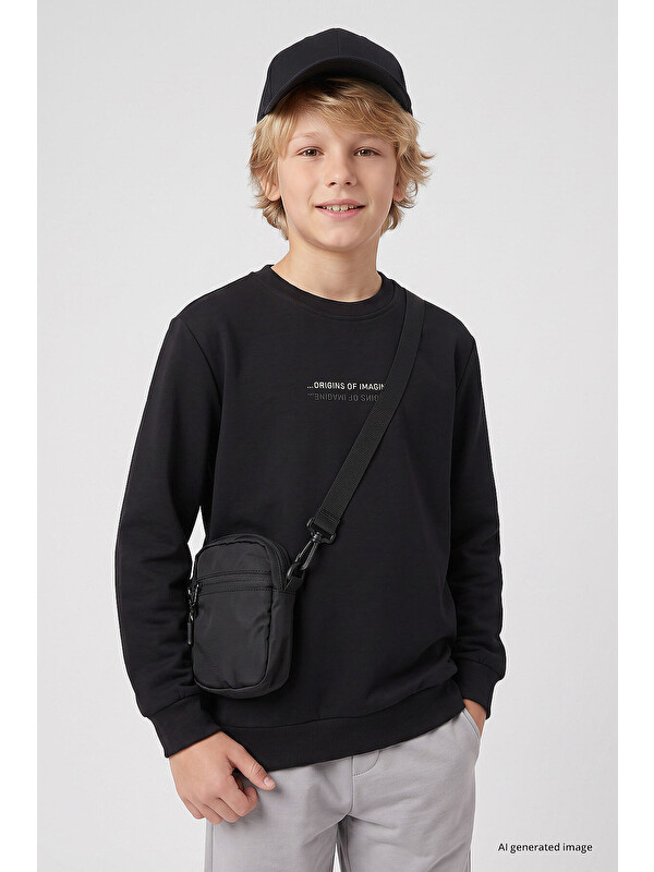 Tommylife Siyah Standart Fit Baskılı O Yaka Erkek Çocuk Sweatshirt - 11322