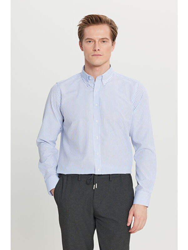 Altınyıldız Classics Erkek Beyaz-Mavi Pamuklu Tailored Slim Fit Dar Kesim Düğmeli Yaka Çizgili Gömlek