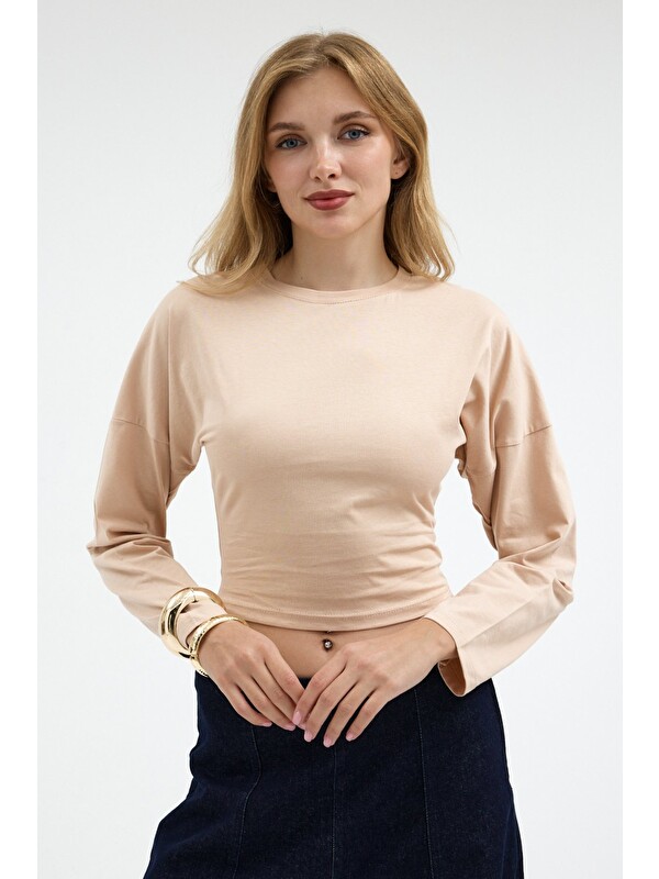 COMBINE Kadın Uzun Kol Bele Oturan Bej Crop Bluz