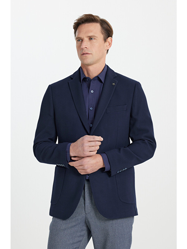 Altınyıldız Classics Erkek Lacivert  Dar Kesim Mono Yaka Gofre Desenli Torba Cepli Blazer Ceket