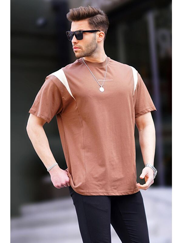 Madmext Kahverengi Oversize Bisiklet Yaka %100 Pamuk Tişört 7003