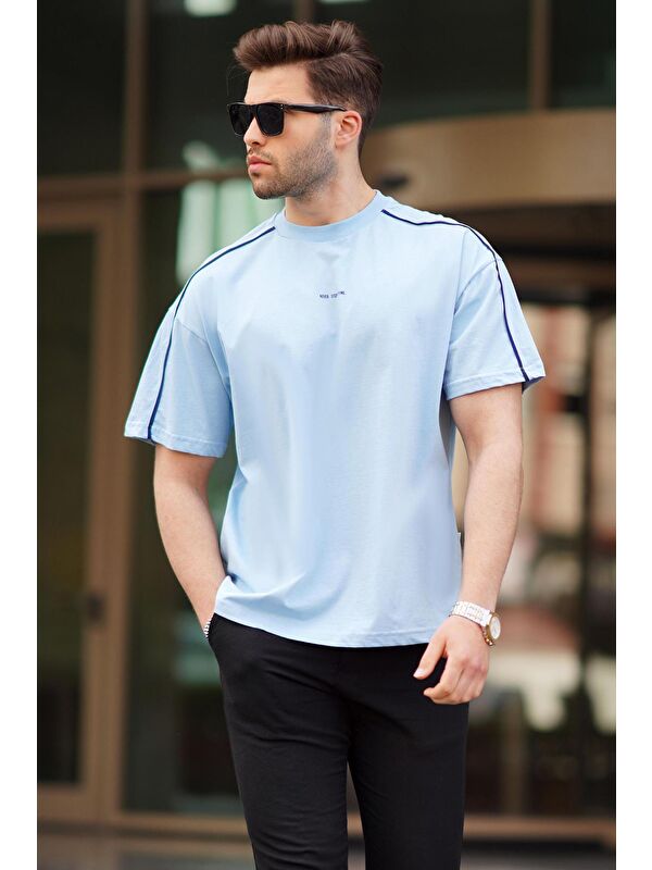 Madmext Mavi Oversize Bisiklet Yaka %100 Pamuk Tişört 7009