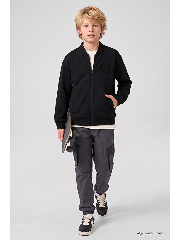 Tommylife Siyah Standart Fit Kolej Yaka Fermuarlı Basic Erkek Çocuk Ceket - 11326