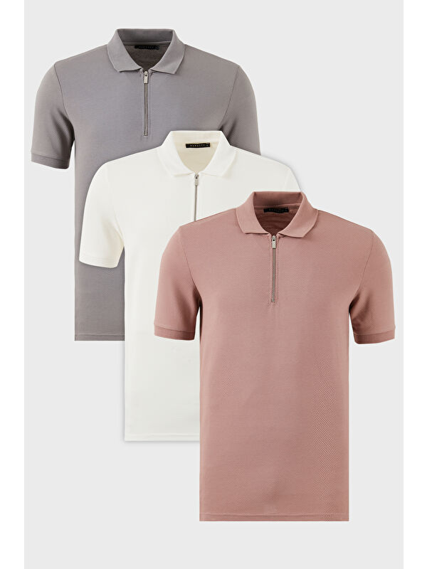 Buratti Pamuklu Regular Fit Yarım Fermuarlı 3'lü Paket Polo Yaka %100 Pamuk Tişört 5902915S3