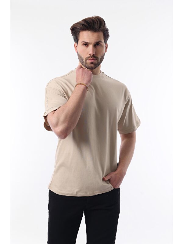 Madmext Erkek Vizon Oversize Şerit Detaylı Basic %100 Pamuk Tişört 7023
