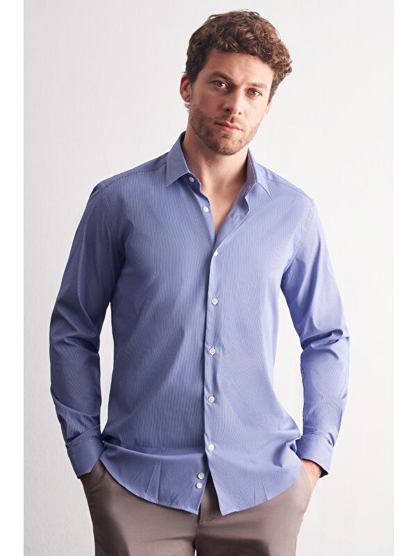 İMZA İndigo Mavi - Beyaz Sert Yaka Çizgili Desen Uzun Kol Slim Fit Esnek Gömlek 1004255176