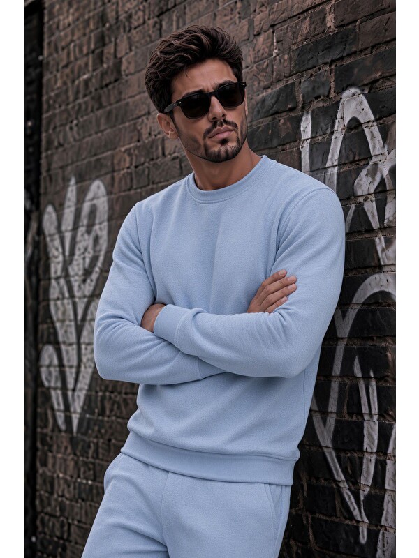Oksit John Erkek İki İpli Şardonlu Düz Renk Günlük Bisiklet Yaka Sweatshirt