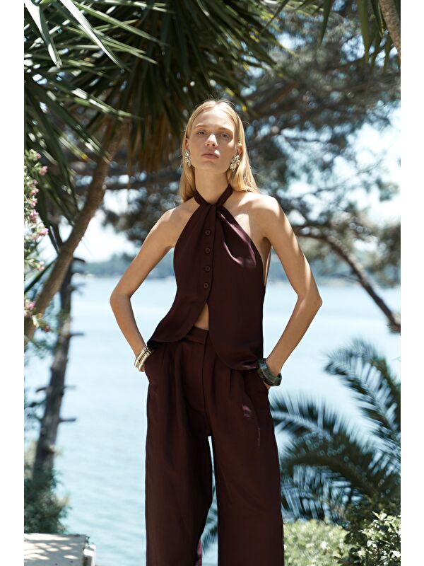 Bohemai Prasetsah Bağlamalı Bordo Crop Pantolon Takım