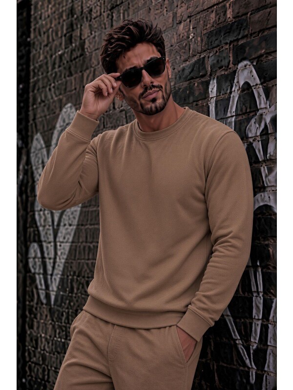 Oksit John Erkek İki İpli Şardonlu Düz Renk Günlük Bisiklet Yaka Sweatshirt