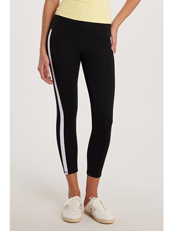 TUDORS Kadın Slim Fit Dar Kesim Çizgili Dar Paça Siyah Tayt