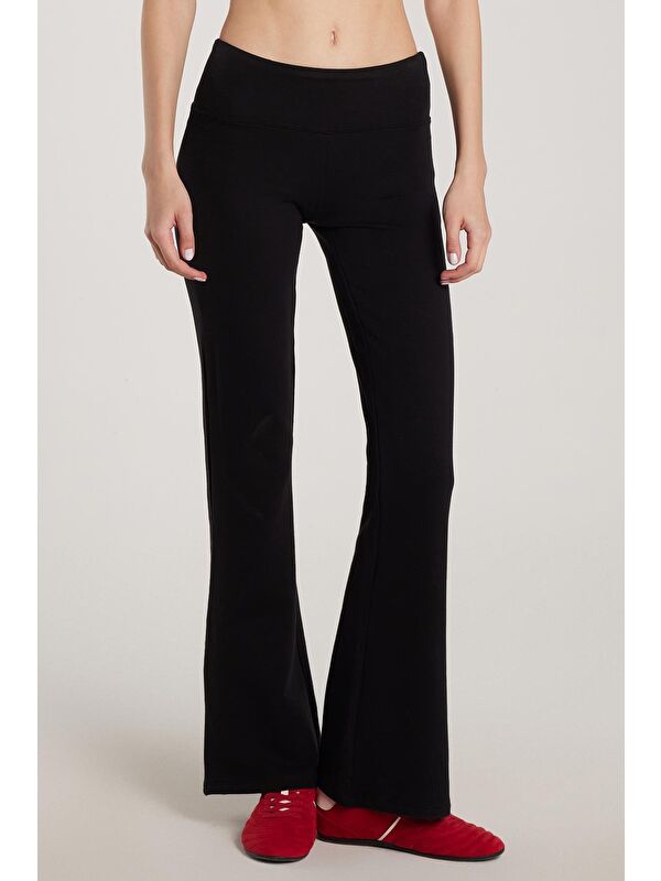 TUDORS Kadın Modal Kumaş Slim Fit Dar Kesim Beli Lastikli İspanyol Paça Siyah Tayt