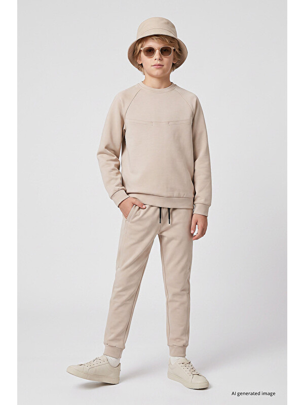 Tommylife Bej Standart Fit Basic Dikiş Detaylı Erkek Çocuk Eşofman Takım - 11325