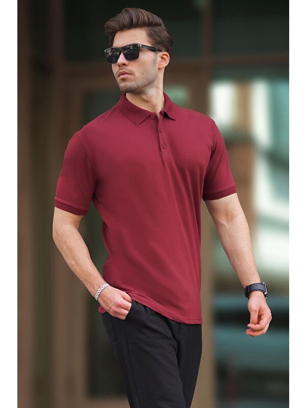 Madmext Bordo Overfit Kısa Kollu Polo Yaka Erkek Tişört 7029
