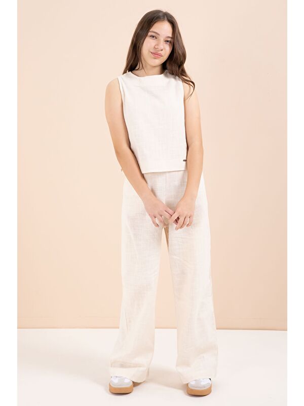 Cansın Mini Krem Geniş Paça Pantolonlu Kız Çocuk Keten Croplu Takım 23448