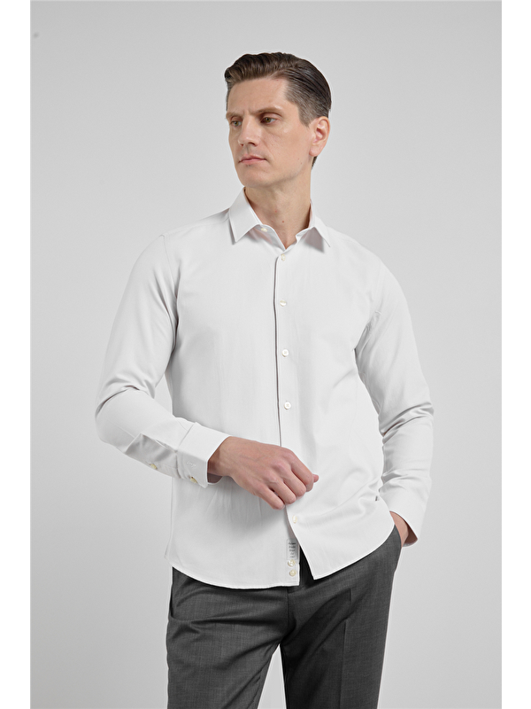 İMZA Koyu Bej Kendinden Desenli Sert Yaka Uzun Kol Cepsiz Slim Fit Pamuklu Gömlek 1004255283
