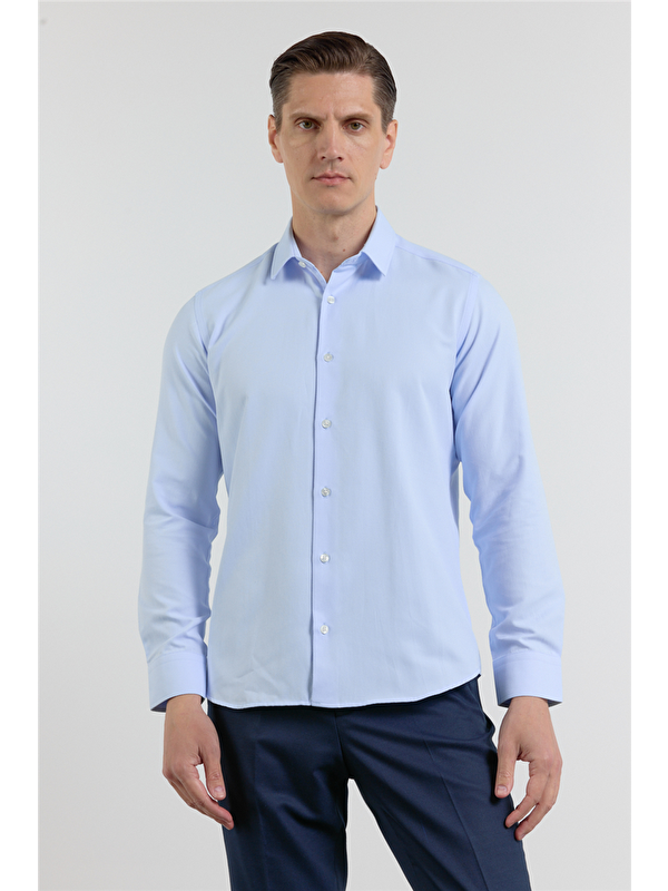 İMZA Mavi Kendinden Desenli Sert Yaka Uzun Kol Cepsiz Slim Fit Pamuklu Gömlek 1004255283