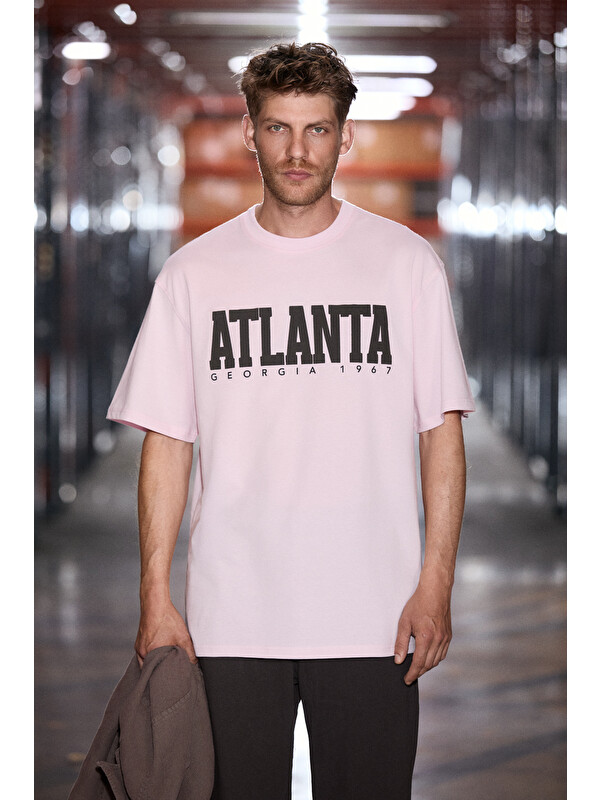 GRIMELANGE ATLANTA Erkek %100 Pamuklu Kısa Kollu Baskı Detaylı KOYU PEMBE T-Shirt