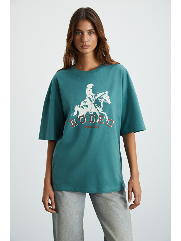 GRIMELANGE MAJER Kadın %100 Organik Pamuklu Western Tema Baskılı Regular Fit YEŞİL T-Shirt