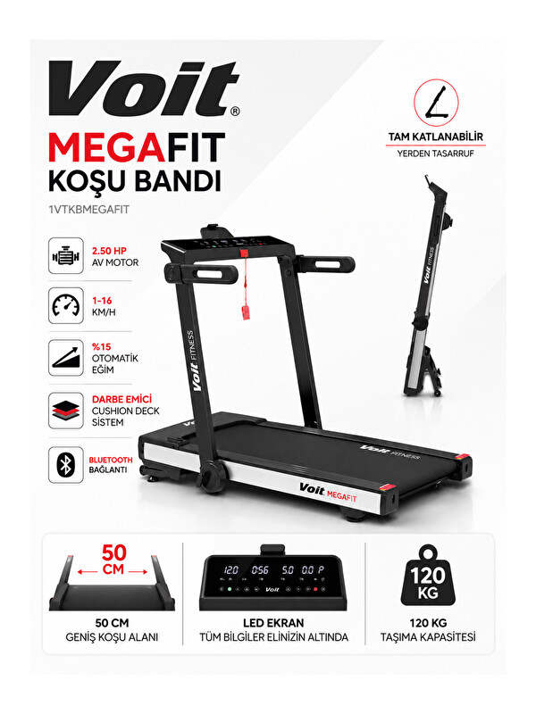 Voit Mega Fit Otomatik Eğimli 50x125 cm Geniş Bant Koşu Bandı 16km Hız Bluetooth Uygulama