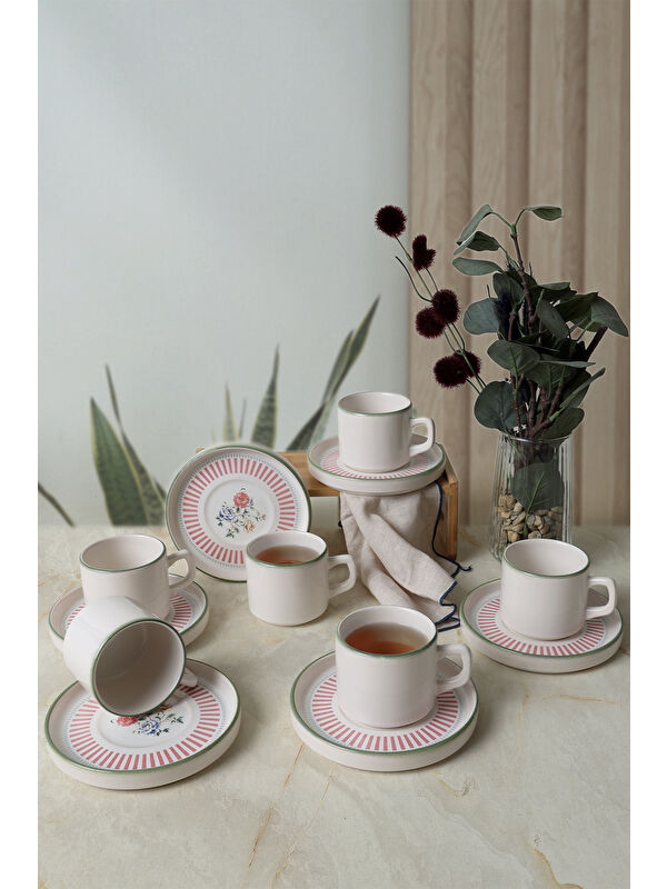 Keramika Rose Line Stackable Çay Takımı 12 Parça 6 Kişilik