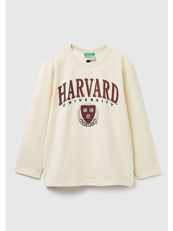 United Colors Of Benetton Erkek Çocuk Krem Önü Harvard Baskılı Arkası Logo İşlemeli Uzun Kollu T-shirt
