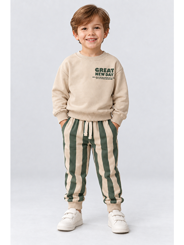 Ahengim Erkek Çocuk Great New Day Baskılı Sweatshirt ve Çizgili Eşofman Altı 2’li Takım Ak124
