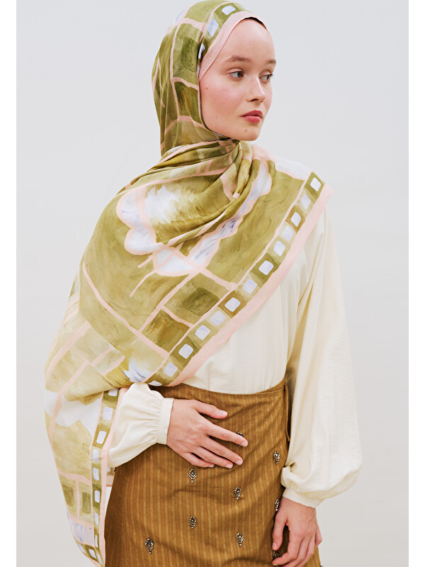 Fresh Scarfs Abstract Blocks Desen Rami Viskon Şal Haki