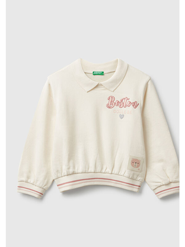 United Colors Of Benetton Kız Çocuk Ekru Simli Grafik Nakışlı Çizgi Detaylı Klasik Yaka Sweatshirt